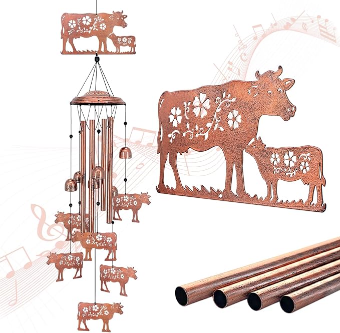 Cow Wind Chimes Outdoor Cow Gifts for Women/Men/Mom/Wife/Grandma Birthday Gifts Memorial Gift Metal WindChimes for Outside/Indoors, Lawn, Patio, Home, Porch, Yard Decor, Garden Decorations