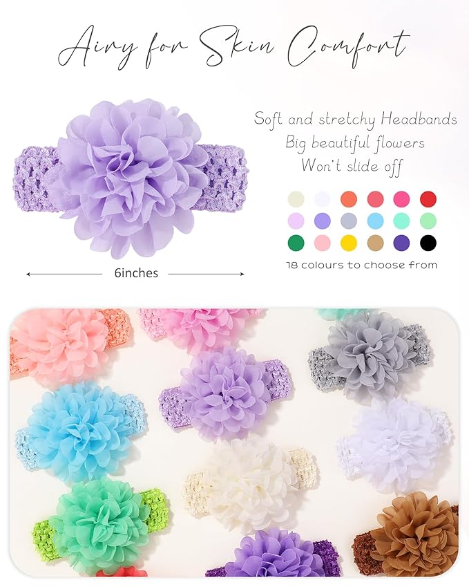 jollybows 18pcs Baby Girls Headband Chiffon Flower Soft Stretchy Hair Band Hair Accessories for Baby Girls Newborns Infants Toddlers and Kids