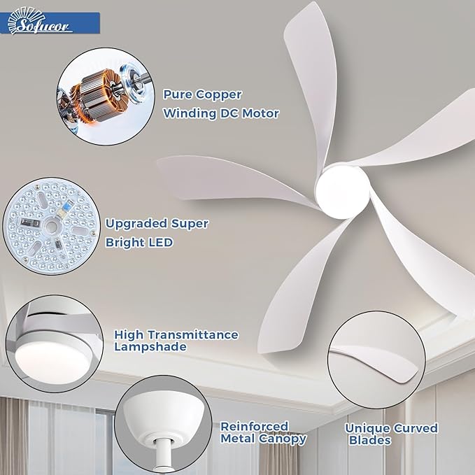 Sofucor 52 Inch Ceiling Fans with Lights and Remote, Outdoor Ceiling Fan with Light 6-Speed 3 CCT 3-Timer, White Low Profile Ceiling Fan 5 Blade Reversible DC Motor for Living Room Bedroom Patio
