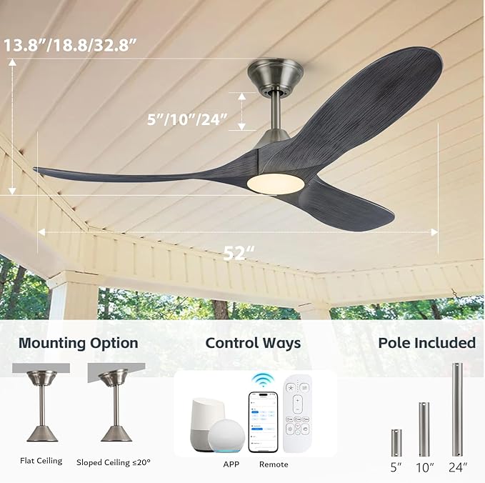 52 inch Ceiling Fans with Lights Solid Wood Outdoor Smart Ceiling Fan for Patio with Alexa/Tuya App, 3 Gray Propeller Blades, High CFM Ceiling Fan for Living Room Bedroom Gazebo, ETL Listed