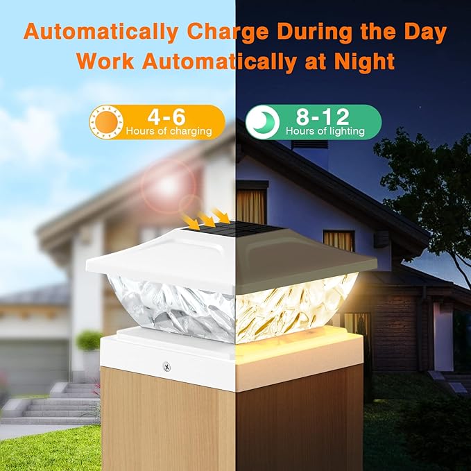 Solar Post Cap Lights Outdoor, 2 Mode Bright Solar Post Lights Outdoor Waterproof Fence Post Cap Lights, Outdoor Post Lights Solar Powered Deck Light for 4x4 4.5x4.5 5x5 Posts, 2 Pack