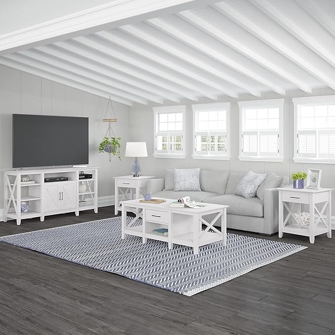 Bush Furniture Key West Tall TV Stand for 65 Inch TV in Pure White Oak, Farmhouse Entertainment Center with Storage