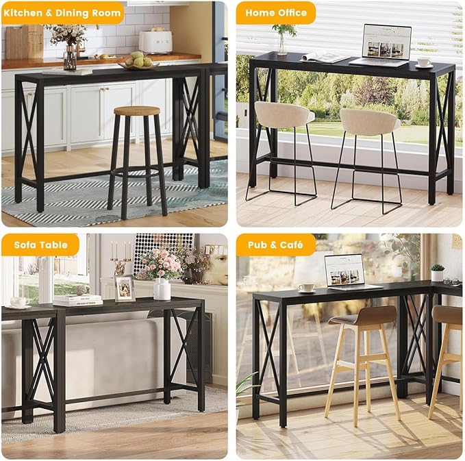 BON AUGURE Bar Table, 55 in Counter Height Pub Table, Tall Narrow Behind Couch Sofa Table, High Top Wood Long Console Tables for Home, Living Room (Black Oak)