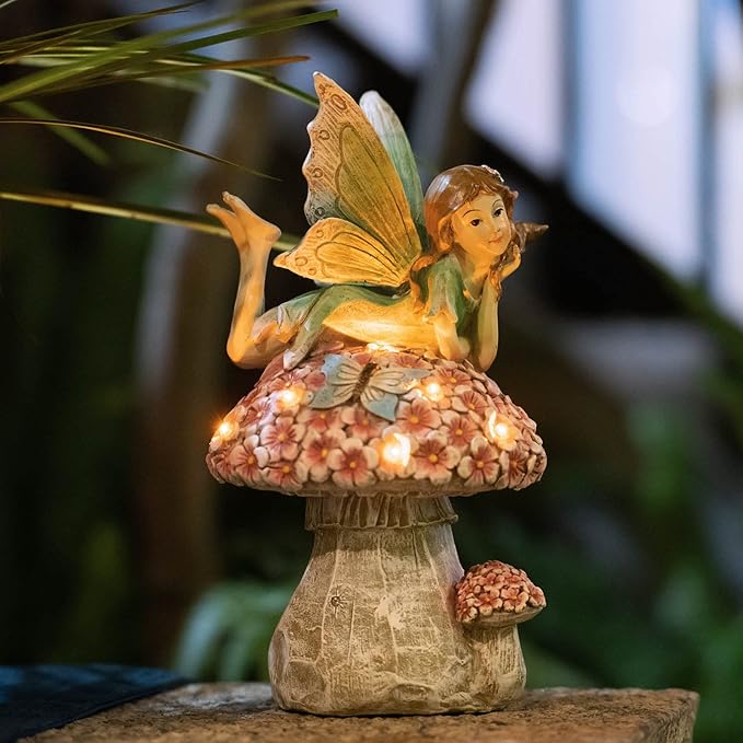 Fairies for Fairy Garden - Fairy Outdoor Statue Solar Powered Resin Ornaments,Patio Lawn Yard Porch,Fairy Figurines for Home Garden Gifts,8.66 inches Tall