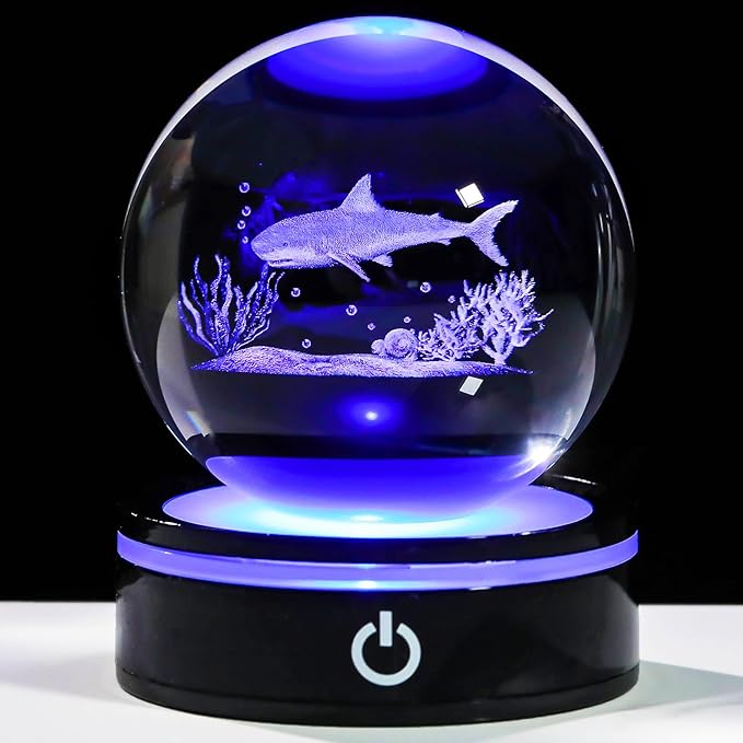 YWHL 3D Shark Figurine Crystal Ball with Colorful Light Base, Shark Gifts for Women Men Shark Lovers on Christmas Birthday, 3D Laser Engraved Shark Sphere Glass Ball for Home Office Decoration (80mm)