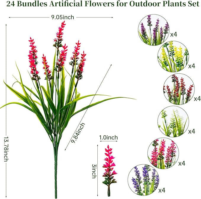 Artificial Flowers for Outdoor Plants 24 Bundles Fake Lavender Plastic Faux Monkey Grass for Verandah Window Garden Office Patio Front Porch UV Resistant for Planter(6 Color)