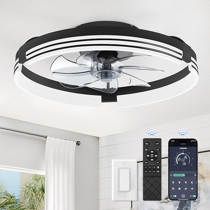 ZMISHIBO Low Profile Ceiling Fans with Lights and Remote, 20 Inch Flush Mount Ceiling Fan with Light, 3000K-6000K Dimmable Fandelier LED Fan Light, 6 Wind Speeds Black Ceiling Fans for Bedroom
