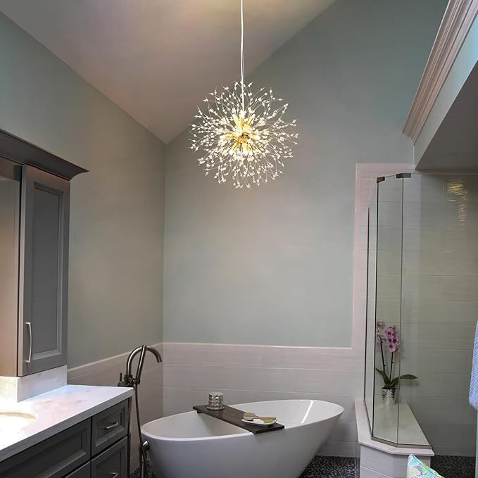 Modern Dandelion Firework Chandelier, Gold Bathroom Chandelier, Crystal Hanging Pendant Lighting Fixture for Dining Room, Bedroom, Entryway, Foyer, 9-Light