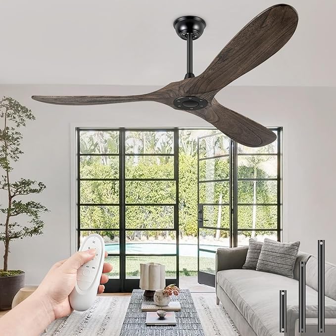 72" Ceiling Fans Without Lights, Solid Wood Ceiling Fan with Remote Control and Quiet DC Motor, Ceiling Fan no Light 3 Blades, Indoor Outdoor Fans for Patios, Bedroom- Deep Brown