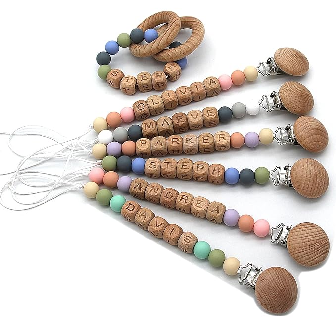 Personalized Pacifier Clip with Name,Silicone Pacifier Clips with Beads for Baby Boys and Girls - Rust-Free Holders Newborn Safe Baby Essentials