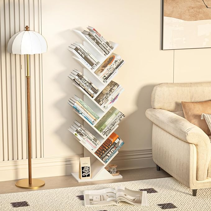 10 Tier Tree Book Shelf, Floor Standing Wood Bookshelf for Narrow Space, Storage Organizer Bookshelves for Books/CDs/Magazine, Bookcase with Shelves for Home Office, Living Room - White