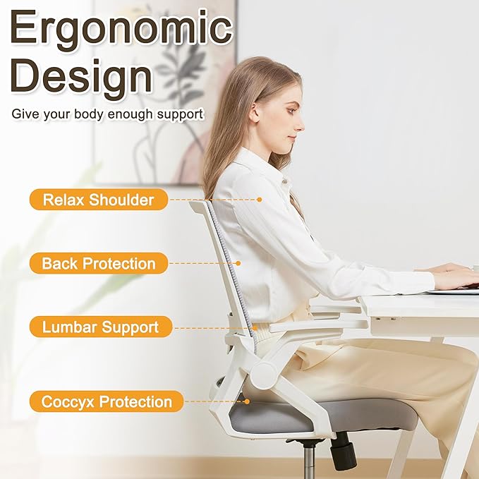 Ergonomic Office Chair Desk Chair with Adjustable Height Mesh Computer Chair Swivel Chair with Flip-up Arms and Lumbar Support Grey