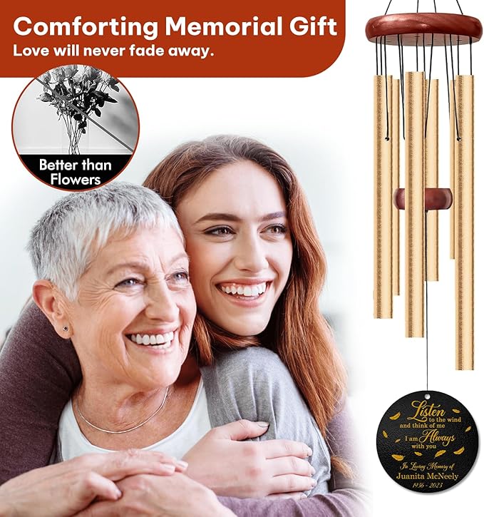 Personalized “Listen to The Wind” Memorial Wind Chime – Custom Name & Years – Golden Feather Remembrance Gift – Outdoor Sympathy Windchime for Loss of Loved One – Comforting Bereavement Keepsake