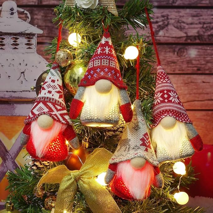 Christmas Gnome Hanging Ornaments with Lights, Handmade Swedish Tomte Plush Scandinavian Santa Elf Ornaments, Home Decorations for Shelf Table Fireplace Christmas Tree - Pack of 4