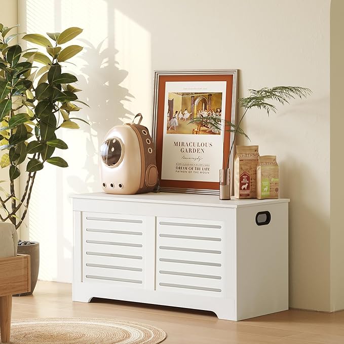 DINZI LVJ Storage Chest, Flip-top Wooden Toy Box Organizer with 2 Safety Hinges, Entryway Shoe Bench, Good Ventilation, Storage Bench for Living Room, Bedroom, Easy Assembly, White