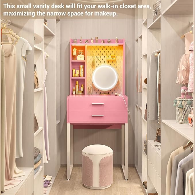 Small Vanity Desk with Hutch and Drawers, Pink Makeup Vanity Desk with Outlets, Vanity Table Dressing Table with LED Lights, Vanity Desks No Mirror with Pegboard for Girls Women, 24"