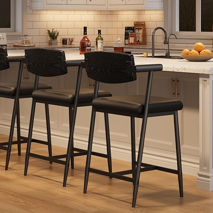 GarveeHome Counter Height Bar Stools Set of 2 with Arms, 26" Upholstered Modern Bar Stools Set with Wood Back & Footrest for Kitchen Island, Counter Bar, Wider Seat, Easy Assembly,Retro Black