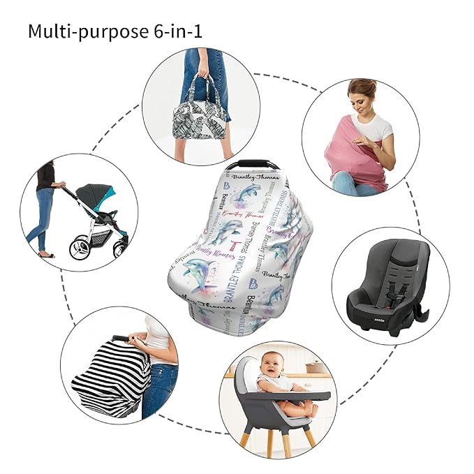 Personalized Baby Car Seat Cover with Name Stroller Canopy Custom Dolphin Carseat Cover Newborn Baby Boy Girl Nursing Cover for Moms First Birthday Gift