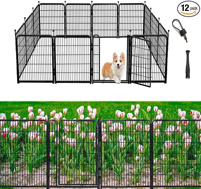 Garden Fencing 32 inch High, 12 Panels Total 26.6 Ft(L) Dog Fence Outdoor for Yard, Gate 21 Inches Wide with Low Sills. Fencing for Garden beds, Animal Barrier Fences, Rabbit Fence