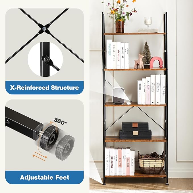 DUMOS 5-Tier Book Shelf Tall Modern Bookcase Set of 2 for Books, CDs, Movies, Storage and Organization Bookshelf Industrial Home Decor for Bedroom Office Kitchen Living Room, Black & Brown
