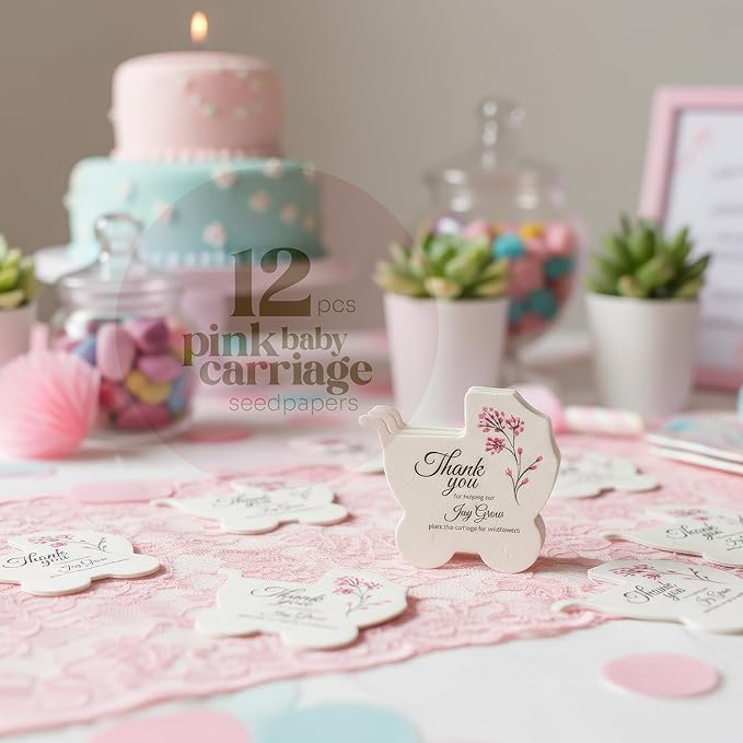 Baby Carriage Seed Paper – 12 pcs Pink Baby Shower Favors for Guests with Wildflower Seeds, Writable & Plantable, Gender Reveal, Birthday Gifts for Guest