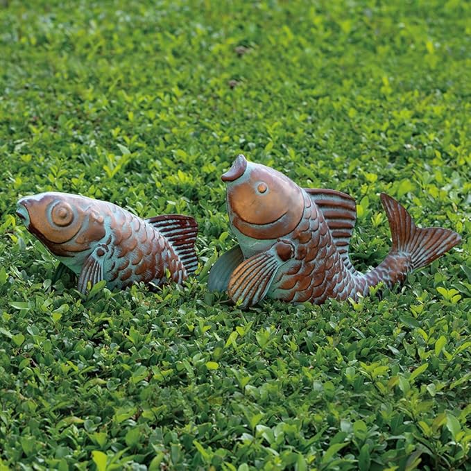 Set of 2 Koi Fish Decor Outdoor Statue Sculpture Garden Pond Fishes Yard Art Antique Copper Koi Sculptures & Statues Large Metal Koi Fish Figurine Ornaments Décor Gifts for Women Mom Grandma
