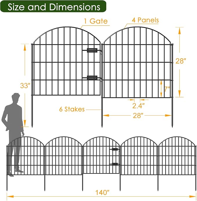 Metal Garden Fence with Gate 28in (H) x 11.7ft (L), 1 Gate + 4 Panels Rustproof Border Fence Animal Barrier for Dogs, No Dig Garden Fencing for Yard Backyard Landscape, ECG2827 Black
