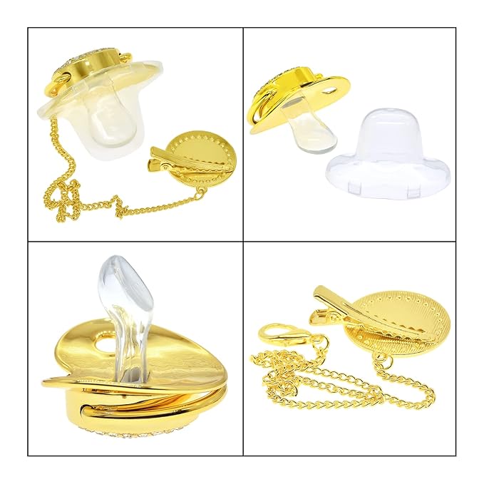 Bling Personalized Golden Baby Pacifier with Pacifier Clips and Anti-dust Cover A-Z 26 Letters(Gold,P)