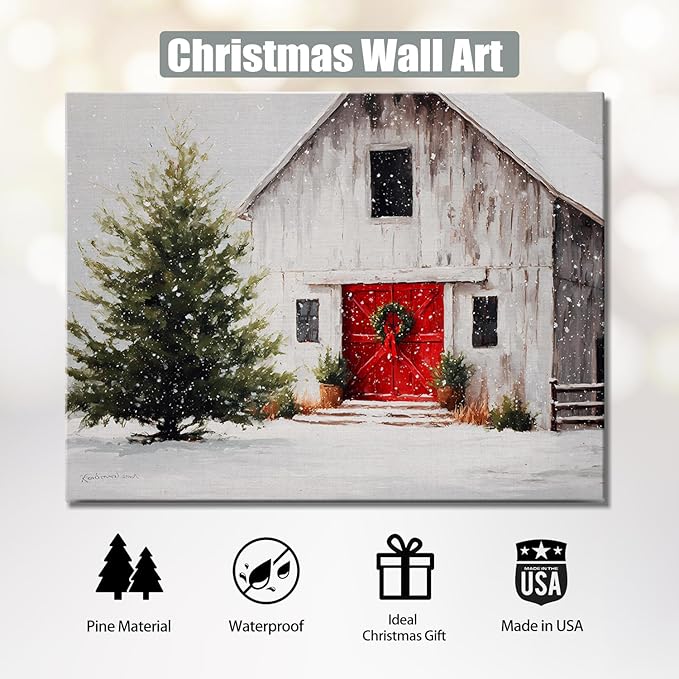 Vintage White Barn & Snowy Tree Winter Landscape Canvas Wall Art - Farmhouse Christmas Framed Canvas Prints, Rustic Christmas Wall Decor for Living Room, Cozy Christmas Gifts & Festive Decorations