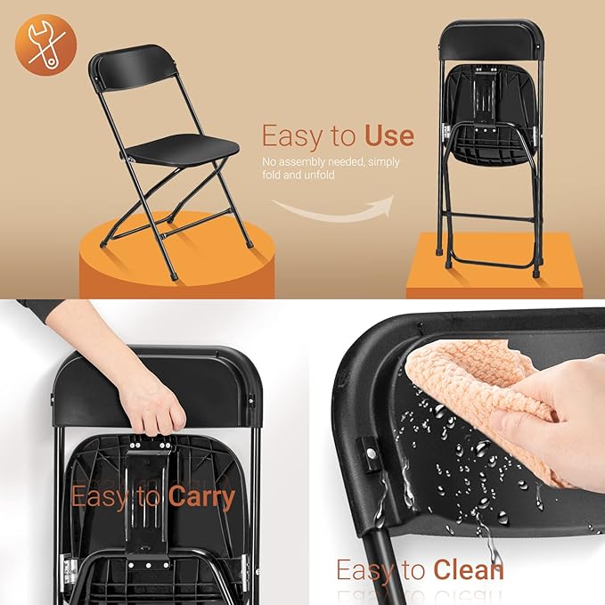 VINGLI 5 Pack Black Plastic Folding Chair, Indoor Outdoor Portable Stackable Commercial Seat with Steel Frame 350lb. Capacity for Events Office Wedding Party Picnic Kitchen Dining