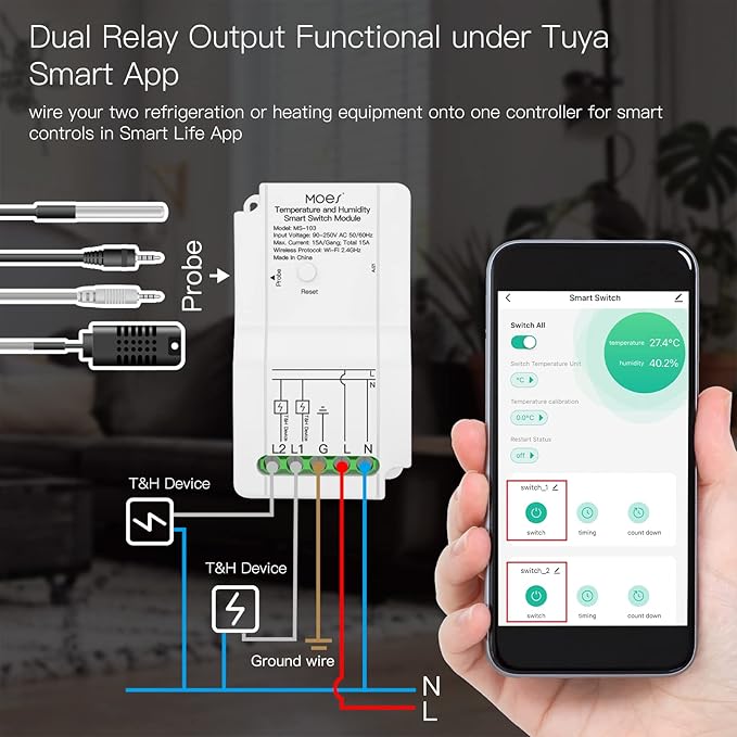 MOES WiFi Smart Temperature Switch Module Sensor with Waterproof Probe, Dual Relay Output Controller, Smart Life Tuya App Remote Control, Programmable Thermostats Kit Works with Alexa Google Assistant