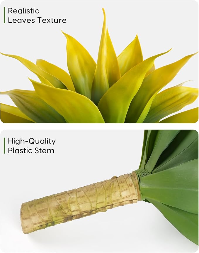 Velener Artificial Agave Plant Set, 28 Inch, Faux Aesthetic Plants for Home Decor, Realistic UV Resistant Fake Yellow Agave Plants Without Pot, Set of 2