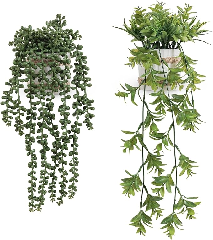 Fake Hanging Plants, 2pcs Artificial Potted Greenery Faux Eucalyptus Vine Fern and String of Pearls in Pot for Home Room Wall Shelf Patio Garden Indoor Outdoor Decor