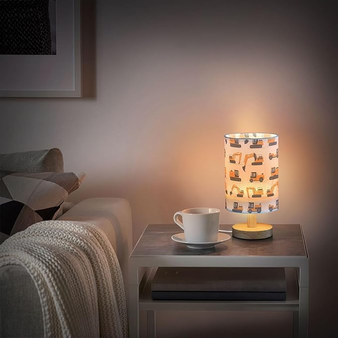 Table Lamp Cute Excavator Construction Car Pattern Nightstand Lamp with Wood Base Fabric Lamp Shade Bedside Desk Lamp for Living Room Bedroom Kids Room Office