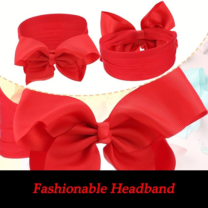3 Pcs Baby Girls Headband Bows, Soft Nylon Hairbands Cute Big Bow Super Elastic Headband For Baby Girls Newborn Infant Toddlers (Red Green White, Large)