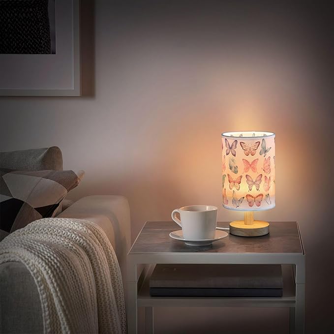 Table Lamp Colorful Butterflies Pink Blue Butterfly Nightstand Lamp with Wood Base Fabric Lamp Shade Bedside Desk Lamp for Living Room Bedroom Kids Room Office
