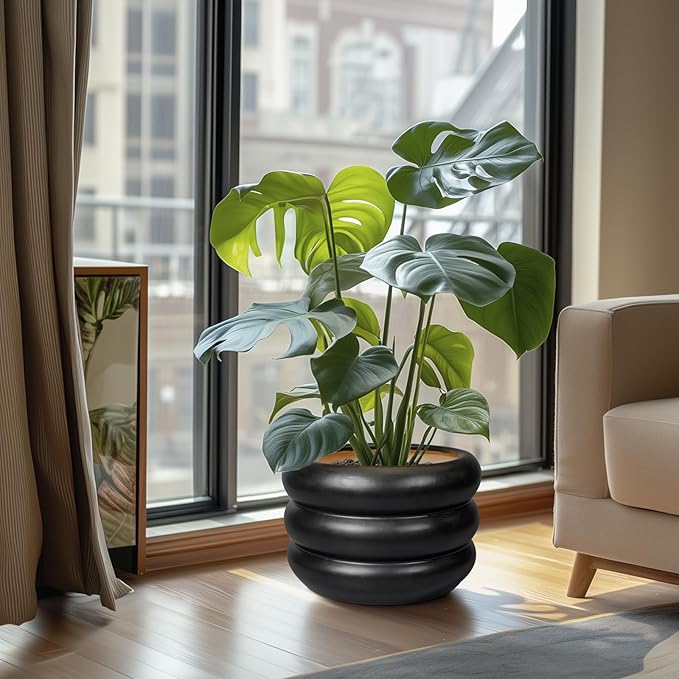 SQOWL 10 Inch Pot for Plants - Ceramic Planter for Indoor Plants Large Plant Pot with Drainage Hole Outdoor Flower Pot Decorative Round Planter for Porch House Decor Black