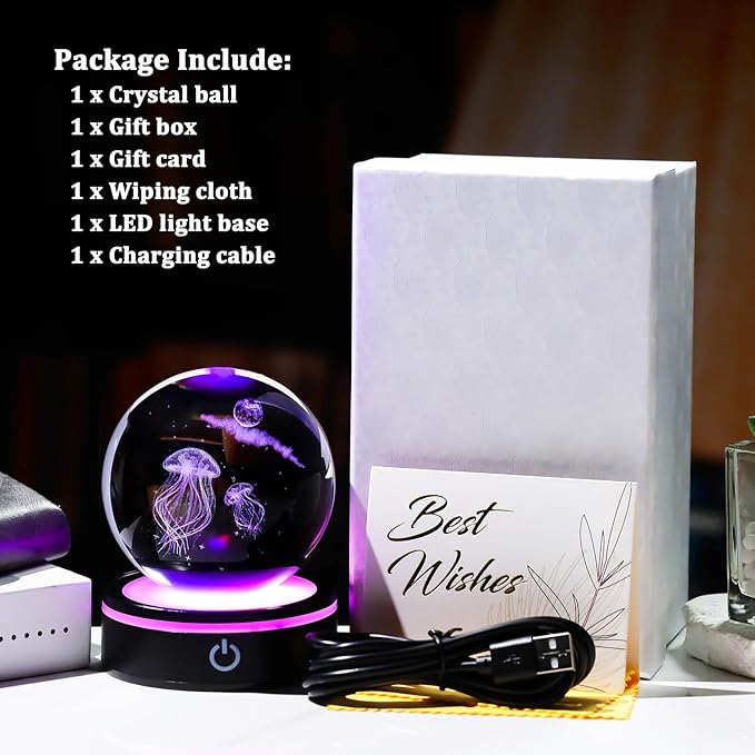 YWHL 3D Crystal Ball Moon Jellyfish Figurine with Colorful LED Base Laser Jellyfish Gifts for Women Men on Christmas Birthday Glass Jellyfish Statue Decorative Ball Night Light for Home Decor (80mm)