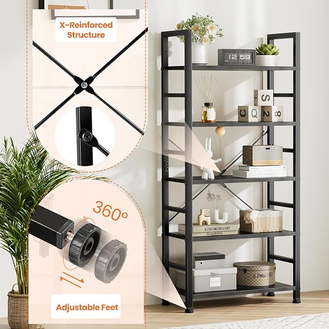 DUMOS 5-Tier Book Shelf Tall Modern Bookcase Set of 2 for Books, CDs, Movies, Storage and Organization Bookshelf Industrial Home Decor for Bedroom Office Kitchen Living Room, Black & Brown