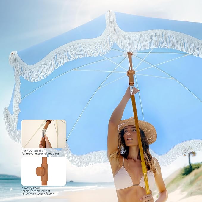 PHI VILLA 7ft Beach Umbrella with Fringe & Sand Anchor, Outdoor Patio Heavy Duty Windproof Portable Tassel Umbrellas for Sand with Push Button Tilt & Carrying Bag, UPF 50+, Light Blue (No Base)