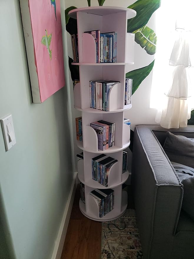 5 Tier Rotating Bookshelf Tower, 360 Display Wood Spinning Bookshelf Tower Revolving Bookcase, 360 Book Shelf Storage Round Carousel, Vertical Rotate Turning Spiral Corner Organizer for Bedroom, White