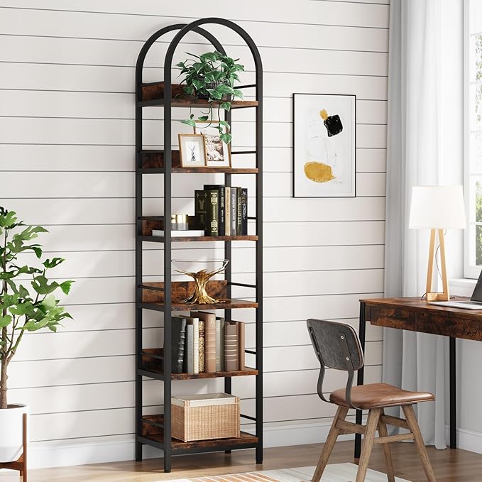 Tribesigns 6-Tier Open Bookshelf, 78.7" Tall Arched Bookcase Narrow Bookshelf with Metal Frame, Freestanding Corner Bookcase Display Shelves for Living Room, Home Office, Rustic Brown