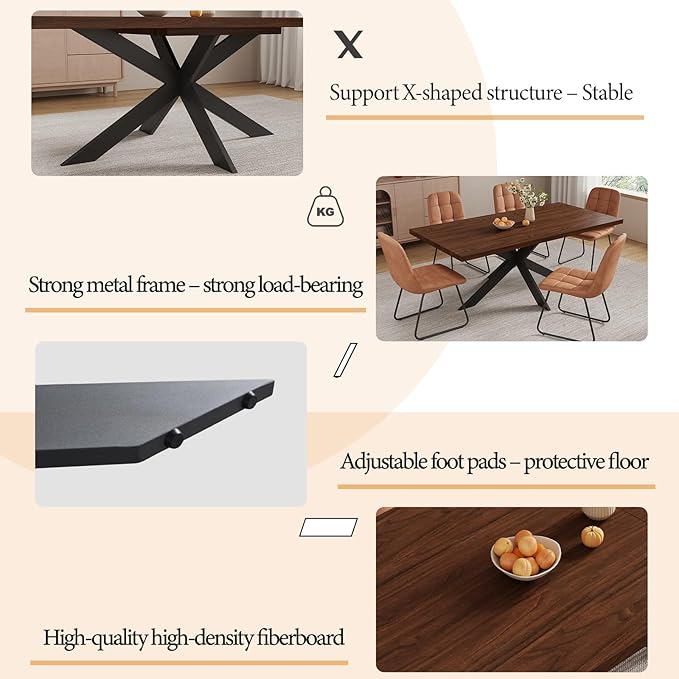ZckyCine Modern 7-Piece Dining Table Set, 51''-67'' Extendable Walnut Wood Rectangular Table with Metal Legs and 6 PU Leather Chairs, Kitchen & Dining Room Furniture for 6, Easy Assembly