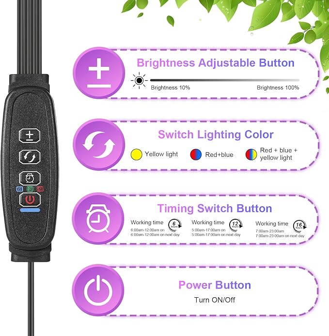 Indoor Plant Grow Light, 80 LED Black 4-Tube Lamp with Full Spectrum Red/Blue/Yellow, 6/12/16H Timer, 10-Level Dimmable, Flexible Gooseneck, 3 Spectral Modes