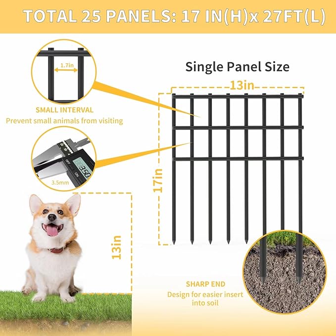 25 Pack Garden Animal Barrier Fence, 17in (H) X 27ft (L) No Dig Fence, Rustproof Metal Garden Fencing Bordere, Decorative Fencing Panel for Dog Rabbits Ground Stakes Defense and Outdoor Patio