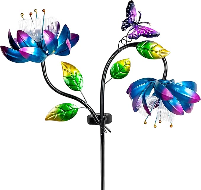 50'' Solar Powered Kinetic Wind Spinner Sculpture Blue Lotus Metal Stake Spinner for Patio, Lawn and Garden Decor Weather Resistant Outdoor Art with Dual Lotus with Butterfly Design