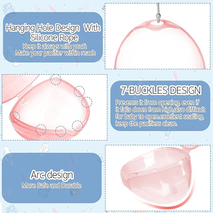 Nisxabebe Pacifier Case,4 Pack BPA Free Pacifier Holder Case with Lanyard for Diaper Bag,Pacifier Container Box for Baby Binky Nipple Travel,Essential Pacifier Accessories,Easy to Clean,Pink