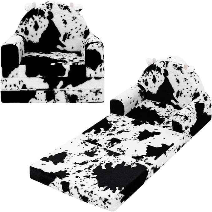 2-in-1 Toddler Chair and Couch – Soft Faux Rabbit Fur, Cow Pattern Design, Fold Out Seat for Reading & Nap, Ages 1–3