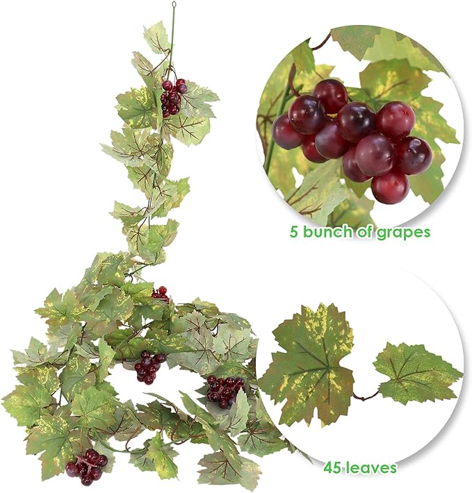 Artificial Grape Vine Leaf Garland Plant with 5 Strings Grapes, 6.5ft Artificial Fake Grape Vines Fake Greenery for Wedding Party Home Indoor Outdoors Decoration (2, Summer Leaf Garland)