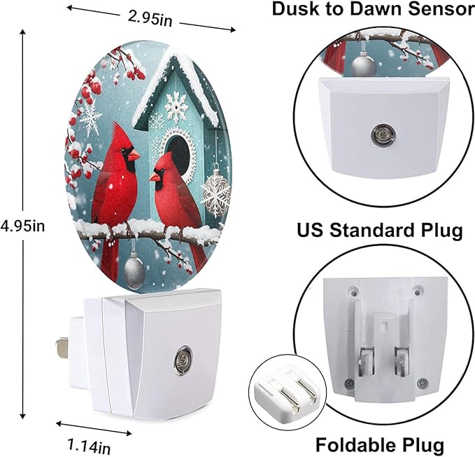 Bird Cardinal Night Light Snowy Tree Red Birds on Branch Winter Plug-in Nightlight Energy Saving 0.5W LED Lighting for Boys Girls Men Women